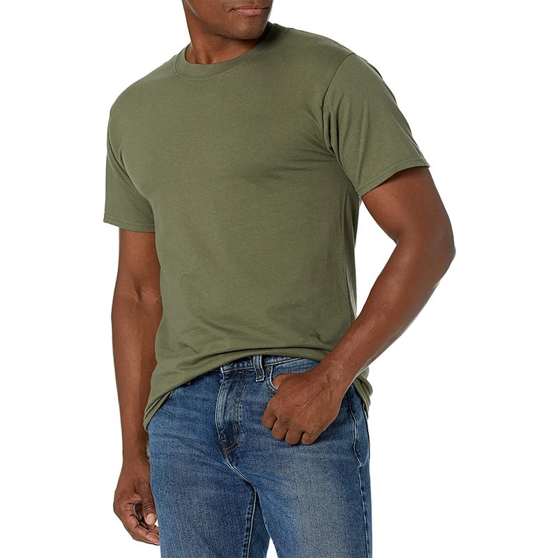 A male model wearing a Hanes Beefy Heavyweight T-Shirt in Fatigue Green variant.