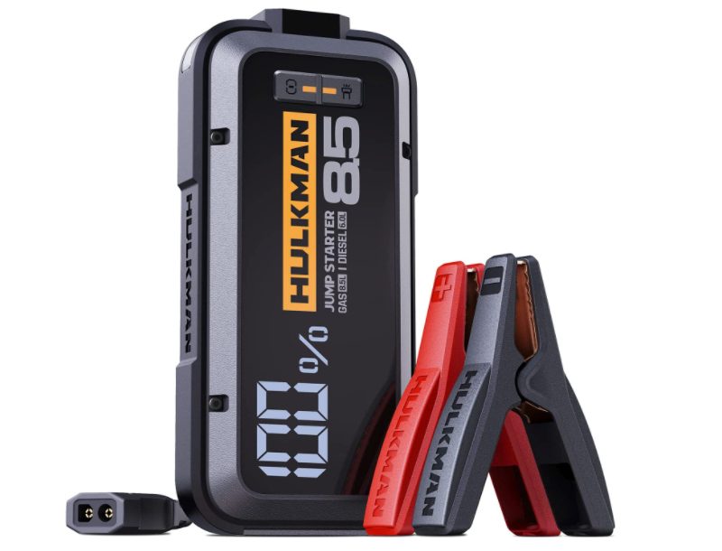 Hulkman portable jump starter for winter roadside emergencies.