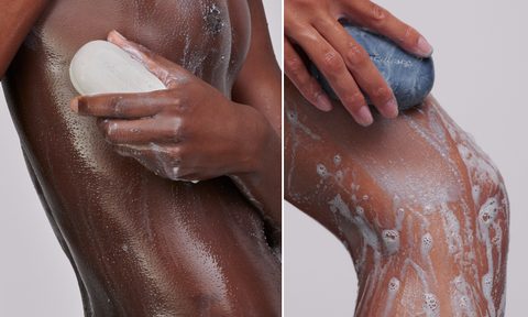 Humanrace's Reenergizing Whiteclay Body Bar (right) and Energy Channeling Charcoal Body Bar (left).