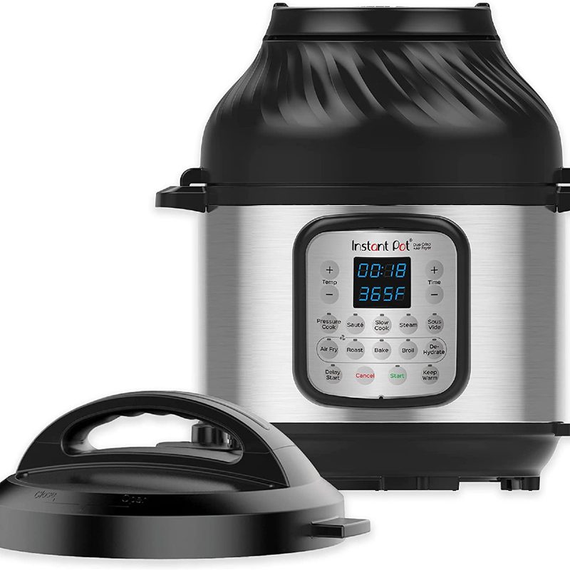 Instant Pot Duo Crisp 11-in-1 Electric Pressure Cooker with Air Fryer Lid on a white background.