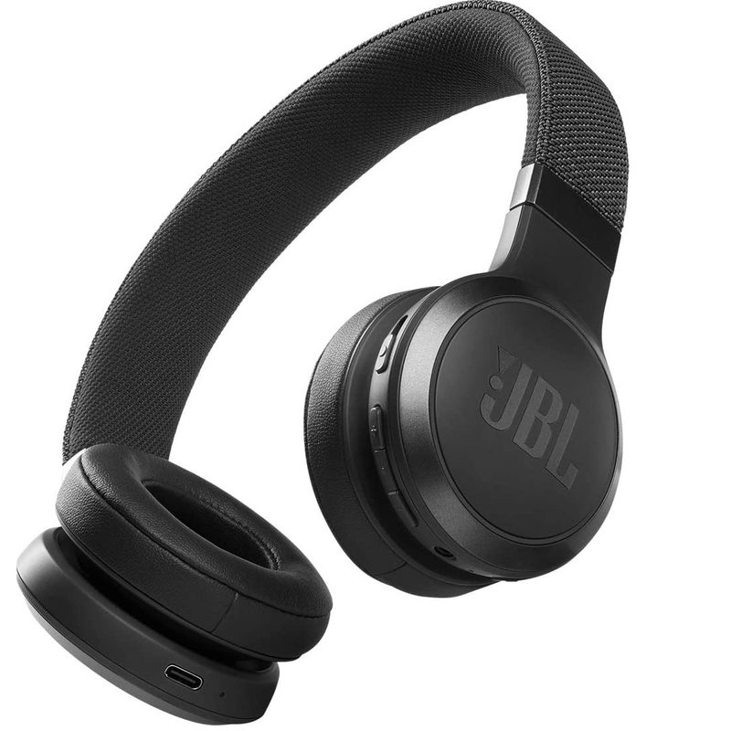 Black JBL on-ear headphones on a white background.