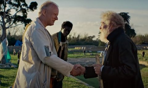 Kalipha Touray as Kal (center, rear) looks on as Stellan Skarsgård as Zyberski greets Nick Nolte as Shakespeare in 'Last Words.'