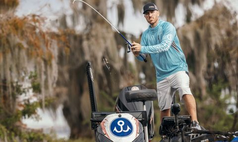Man fishing outdoors with Academy Sports gear on boat.