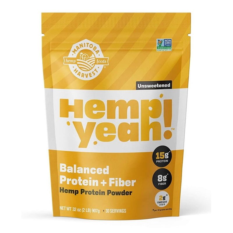 A pack of Manitoba Harvest Hemp Yeah! Balanced Protein + Fiber Powder, Unsweetened on white background.
