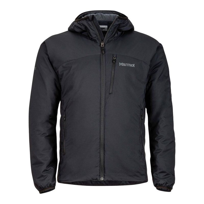 A black Marmot WarmCube Novus Hoody on white background.