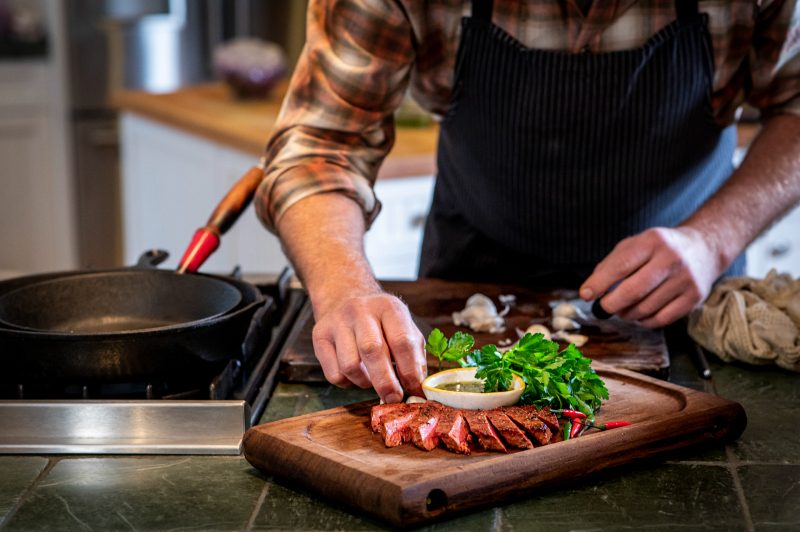 A Meati whole-cut steak shaped from fermented mycelium, an alternative meat product
