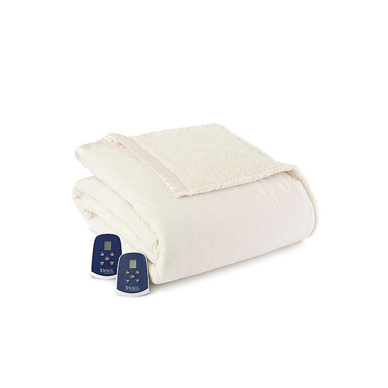 A white Micro Flannel Quilted Top Electric Heated Blanket with two controllers.
