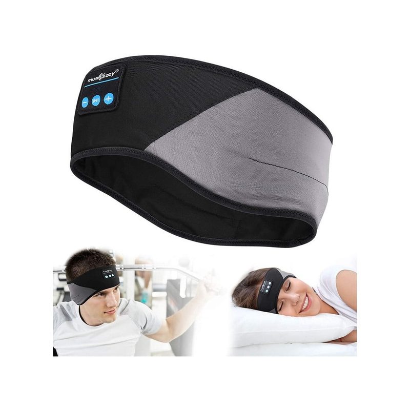MUSICOZY Sleep Headphones Bluetooth displayed on a man working out and a woman sleeping.