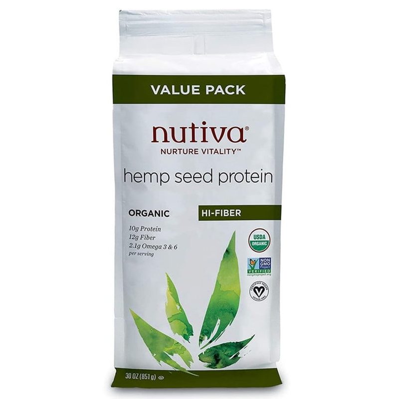 A pack of Nutiva USDA Organic Cold-Pressed Raw Hemp Seed Plant Protein on white background.