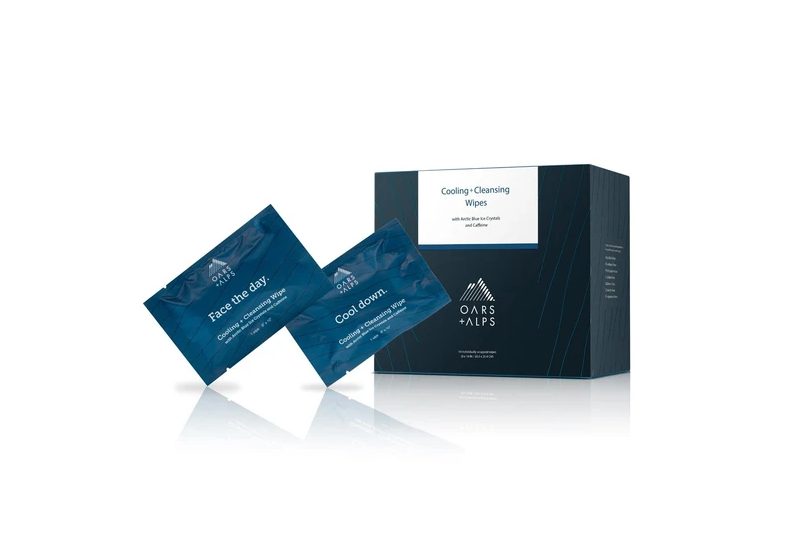 Two Oars & Alps cleansing wipes displayed next to box.