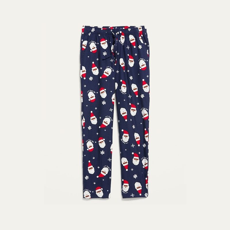 A pair of flannel pajamas with Santa Claus print from Old Navy.
