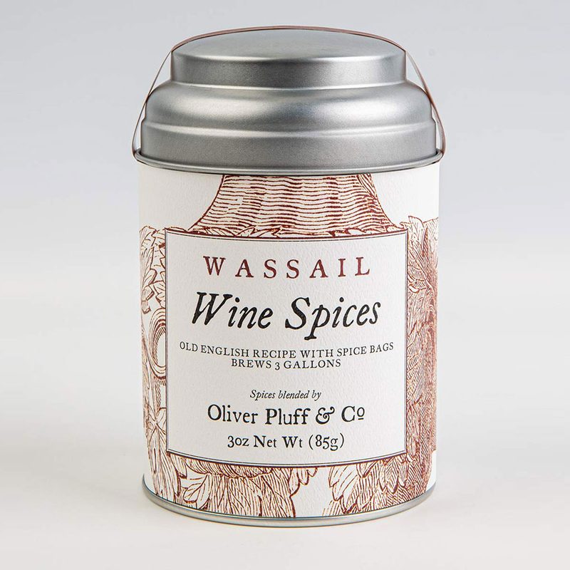 Oliver Pluff & Co. Old English Wine Wassail Spice container displayed on a white background.