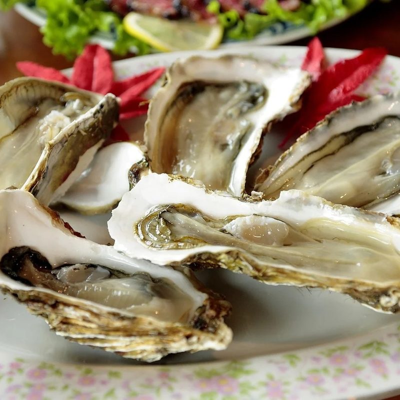 shucked Oysters sitting on a plate.