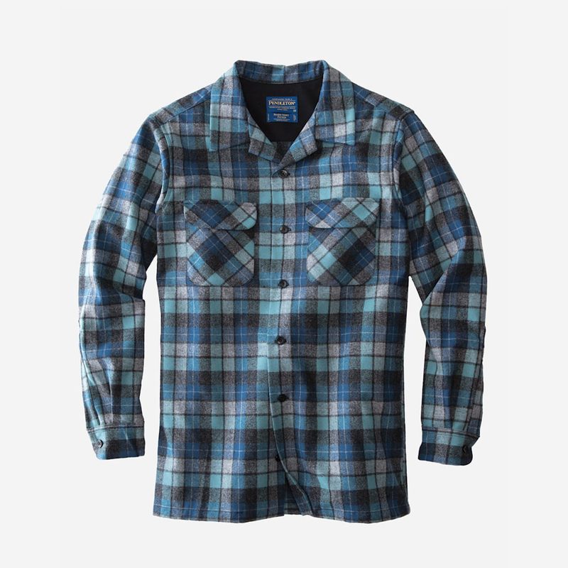 A blue Pendleton Fitted Plaid Board Shirt on plain background.