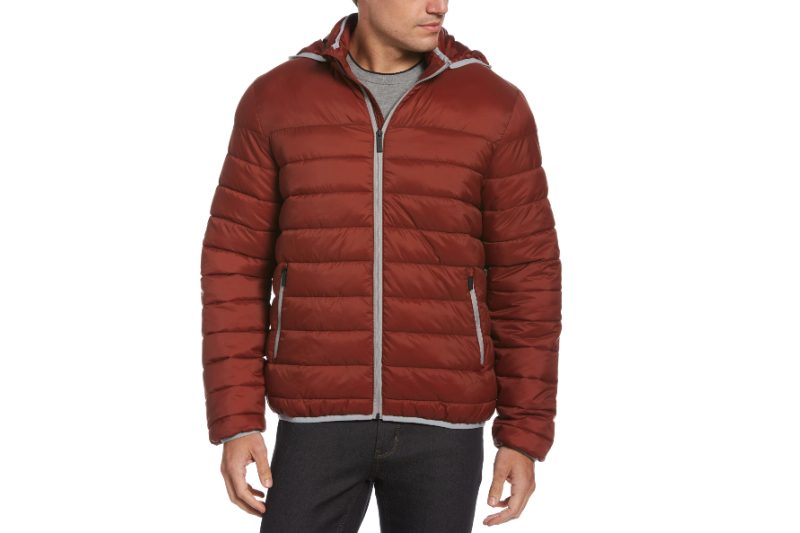 Lightweight men's hooded puffer jacket.