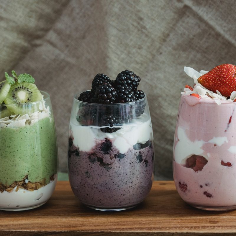 Different flavors of hemp protein shakes.
