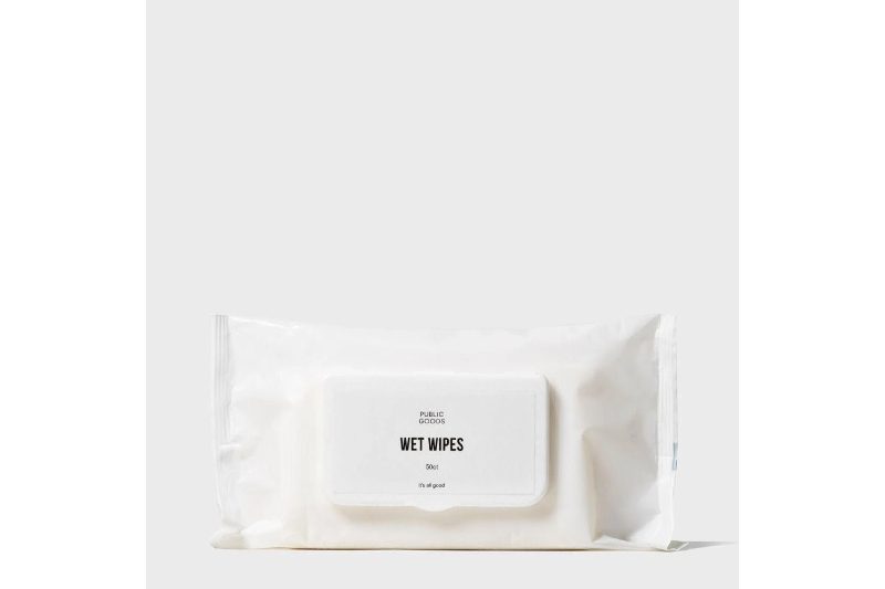 Public Goods Bamboo face and body wipes displayed on a white background.