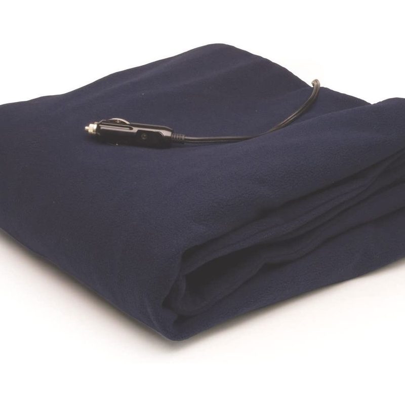 A RoadPro 12-Volt Polar Fleece Heated Travel Blanket with power cord for car camping.