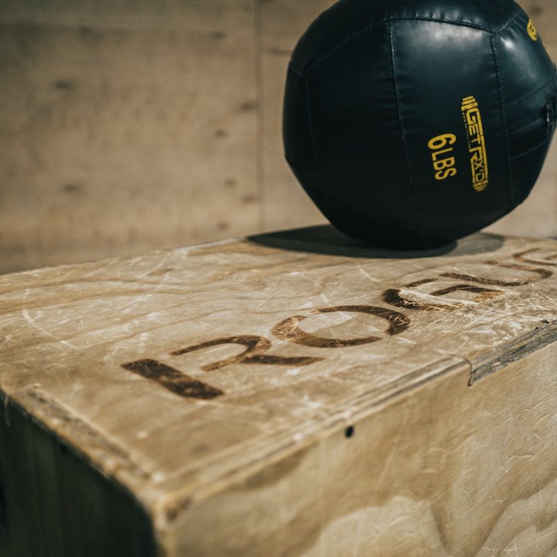 medicine ball on a box.