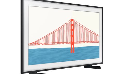 The Samsung Frame TV showing a drawing of the Golden Gate Bridge.