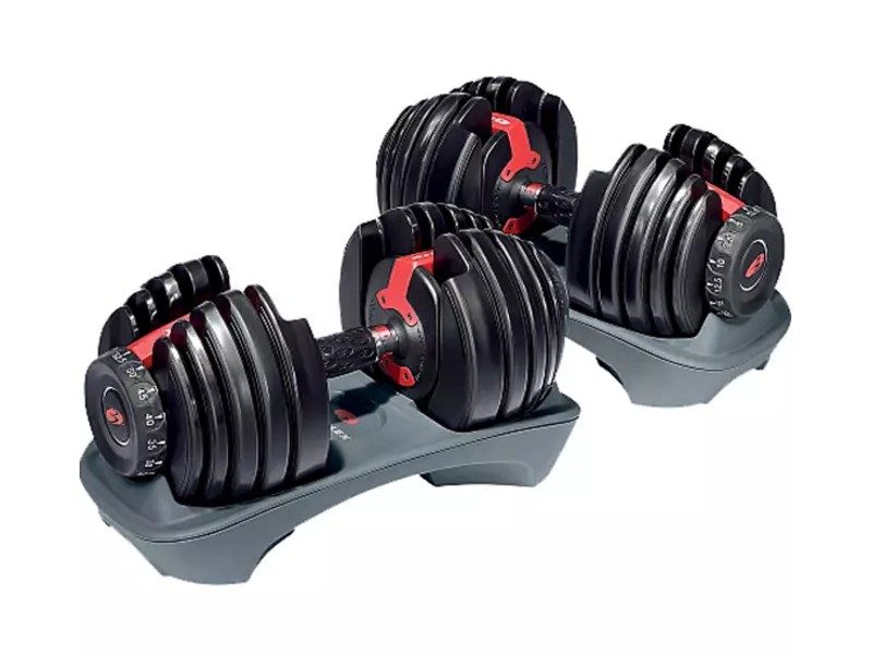 The Bowflex SelectTech 552 adjustable dumbbells, not in use.