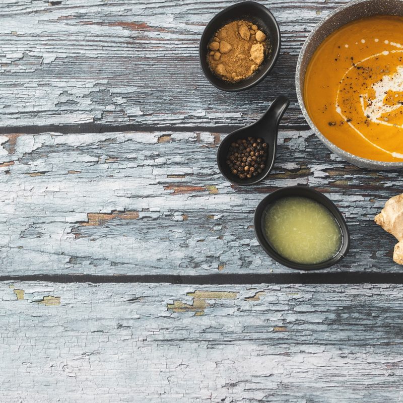 Ginger Butternut Squash Soup with ingredients on the side.