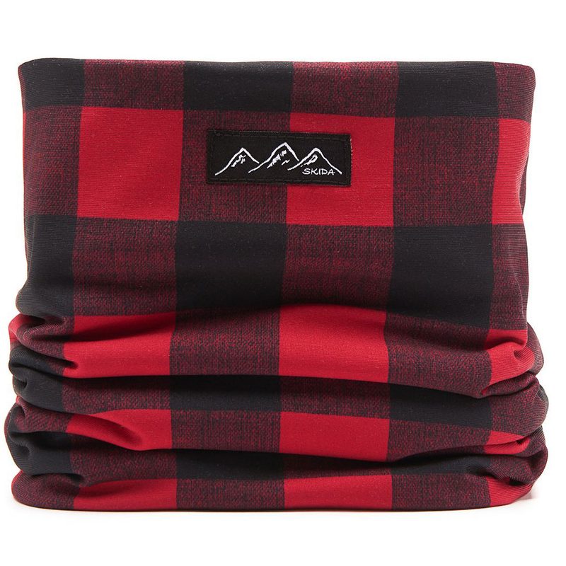Skida's Alpine Neckwarmer in a red and black plaid print.