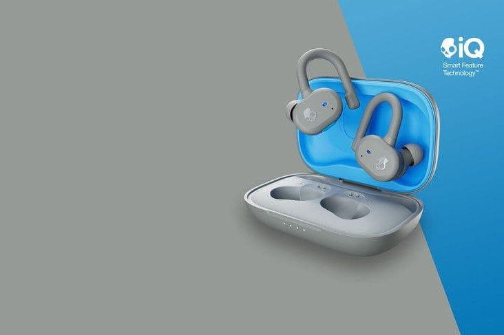 Skullcandy Push Active Wireless Earbuds in gray and blue.