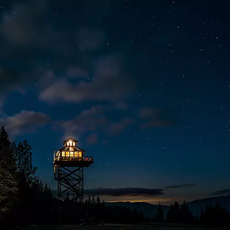 A view of the Summit Prairie Lookout at night.