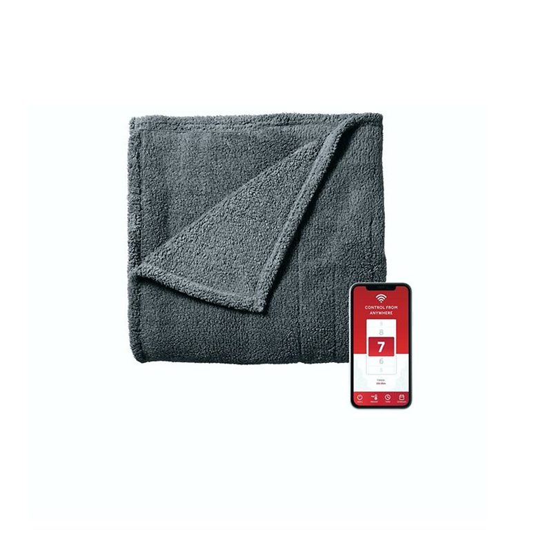 A Sunbeam LoftTec Wi-Fi Connected Heated Blanket beside a phone on white background.
