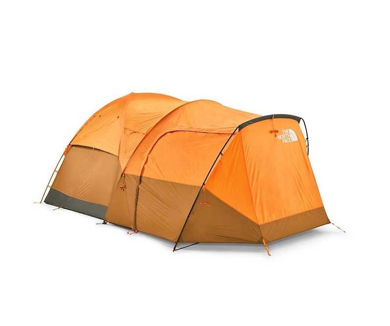 The North Face 6 Person Dome Tent in yellow set up.