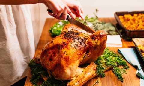 Turkey being carved on a cutting board