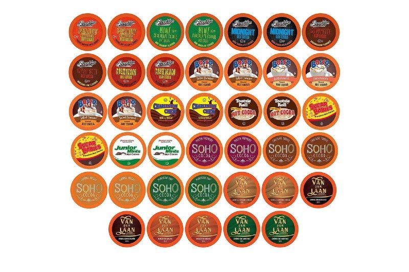 Image of the tops of K-Cups variety pack for Two Rivers hot cocoa.