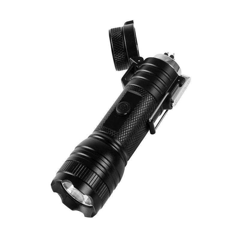 A black UCO Rechargeable Arc Lighter and LED Flashlight on white background.