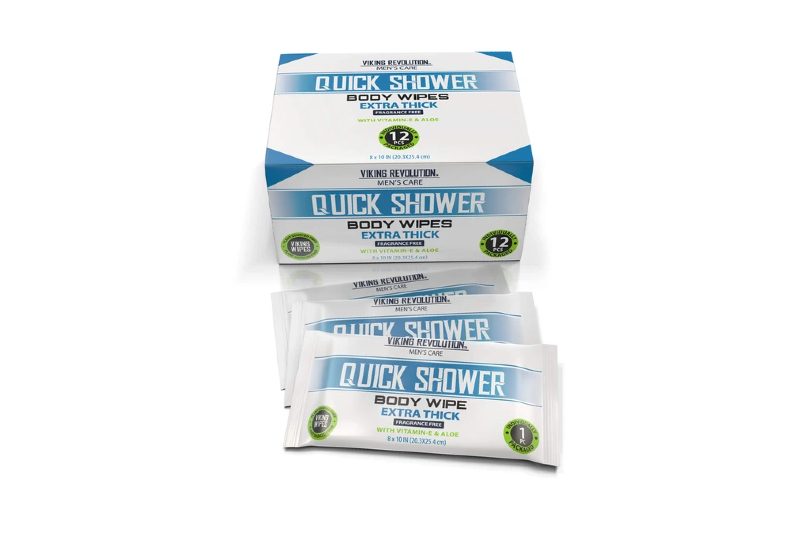 Viking Revolution quick shower body wipes displayed next to box.
