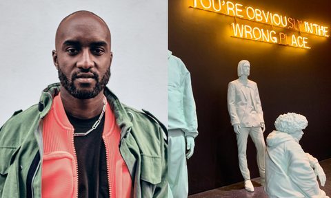 Virgil Abloh at Paris Fashion Week 2019. On the right, an image of his "You're Obviously in the Wrong Place," 2015-2019 career retrospective at the Institute of Contemporary Art in Boston, 2021.
