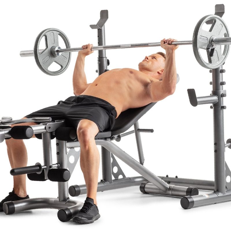 Weider XRS 20 Adjustable Bench with Olympic Squat Rack and Preacher Pad against white background.