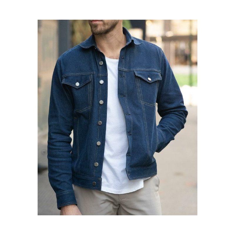 Woodies Denim Trucker Jacket over a white shirt.