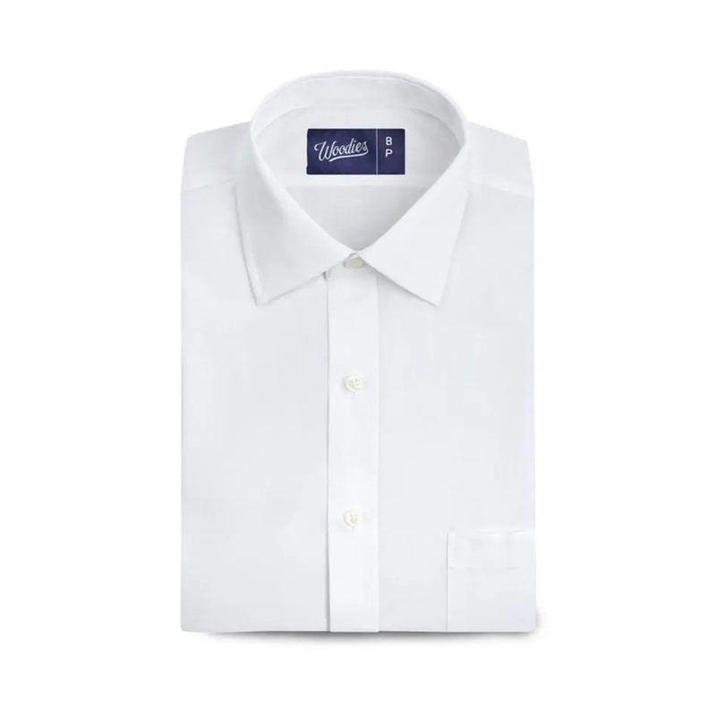 A folded white Woodies Performance Dress Shirt.
