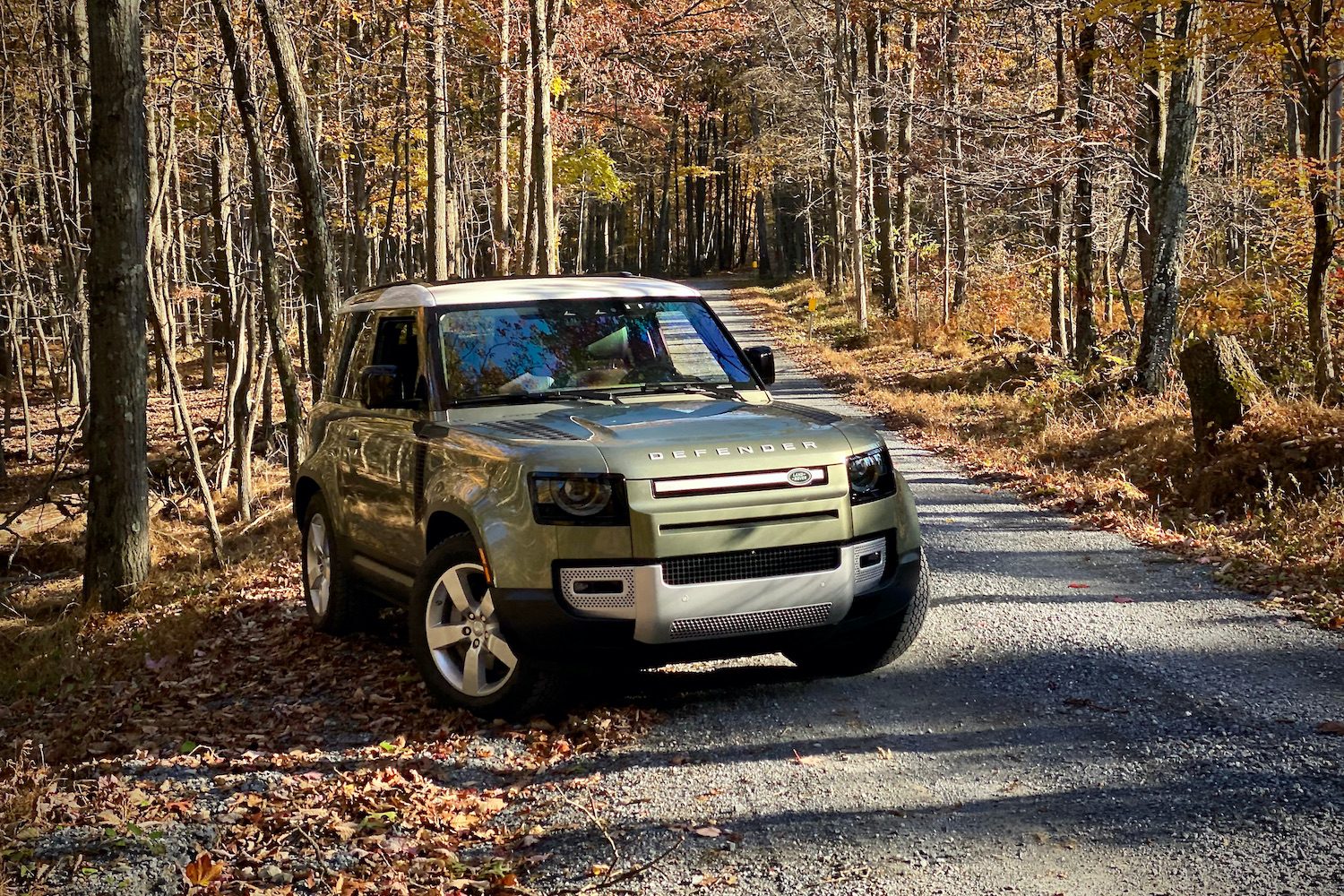Land Rover Defender front end from the passenger side in woods.