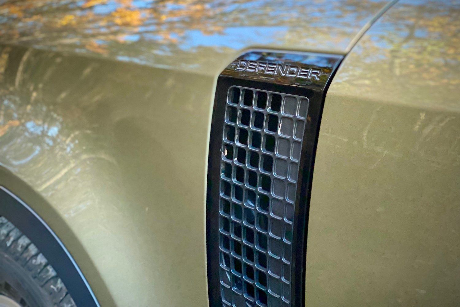 Close up of Land Rover Defender black side intake.