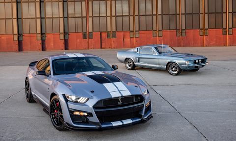 A 2022 Ford Mustang Shelby GT500 Heritage Edition with a 1968 Shelby GT500 in the background.