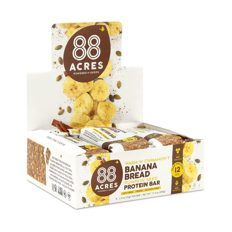 Several packs of 88 Acres Plant Based Seed Protein Bar in a box.