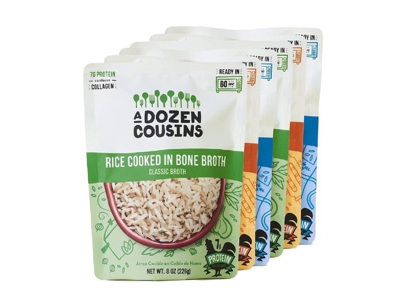 A Dozen Cousins Rice Cooked in Bone Broth on a white background.