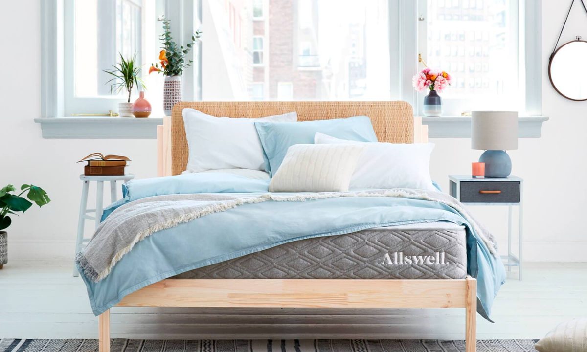Allswell mattress on a bedframe.
