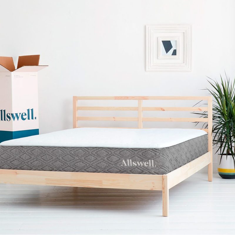 Allswell mattress on a bare bedframe.