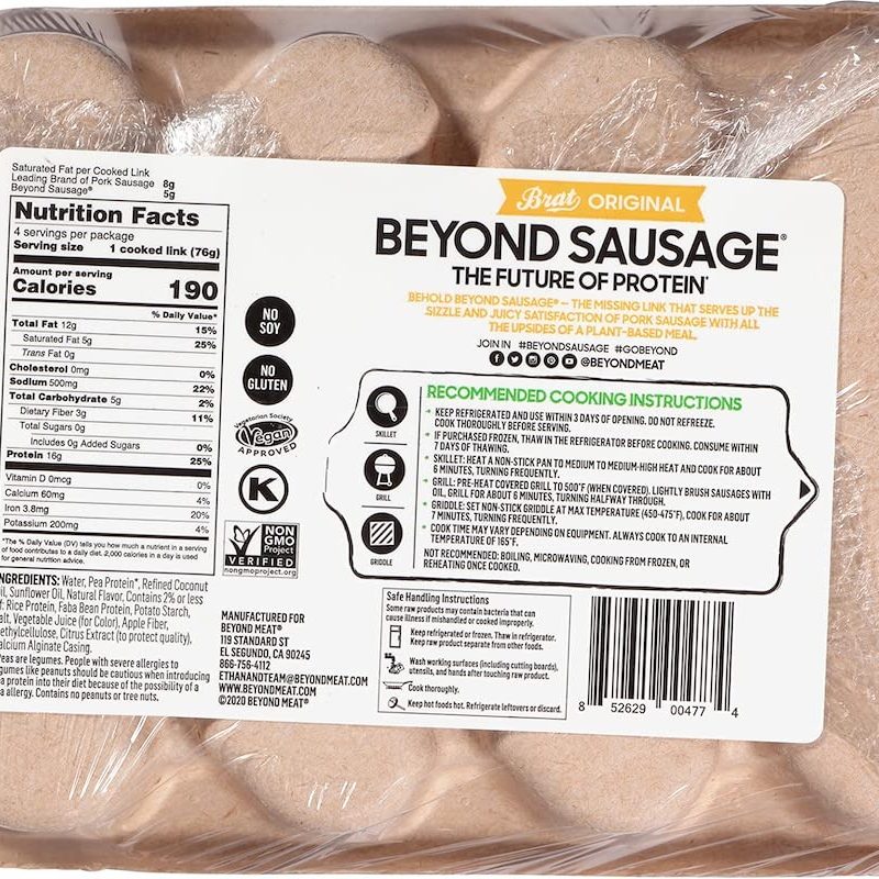 The Beyond Sausage nutrition label on a white background.