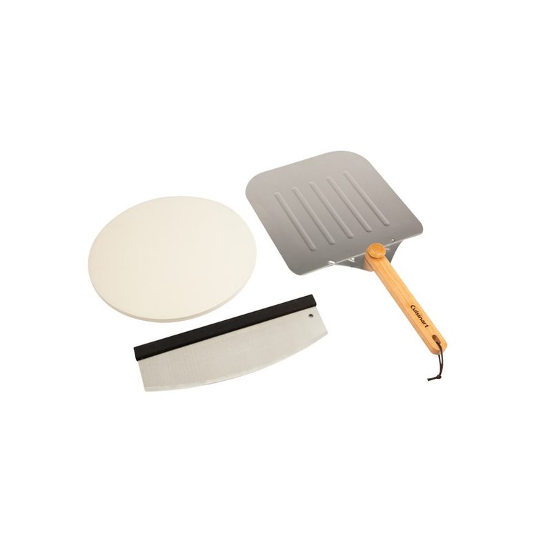 A pizza stone, a pizza peel, and pizza cutter on white background.
