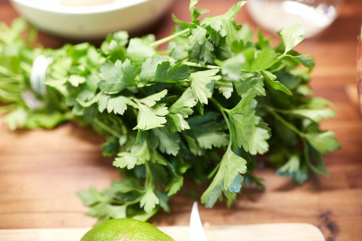 A bunch of parsley on a counter