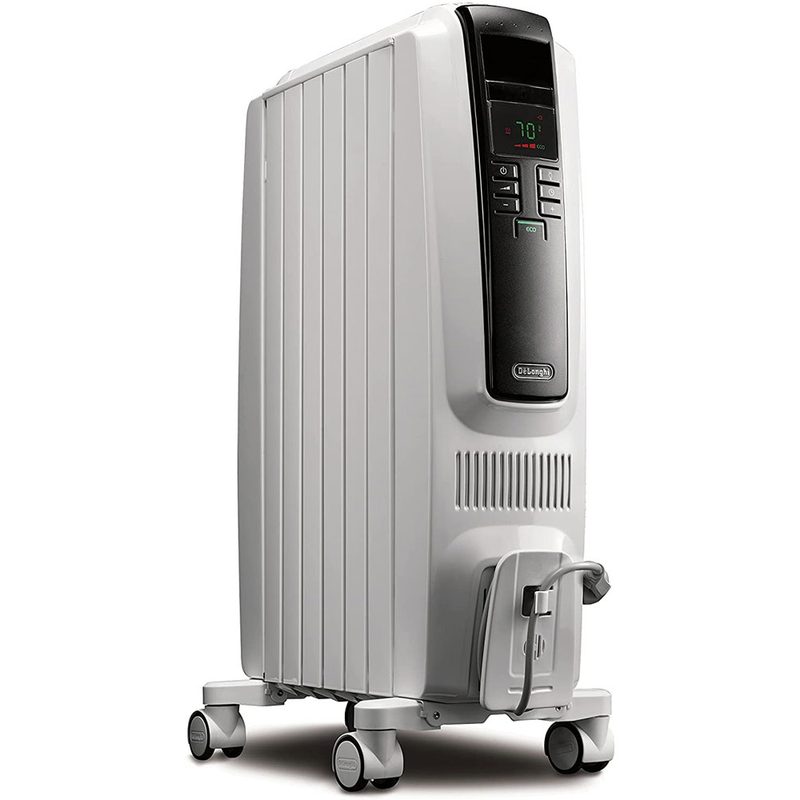 A DeLonghi Full Room Radiant Heater with wheels on plain background.
